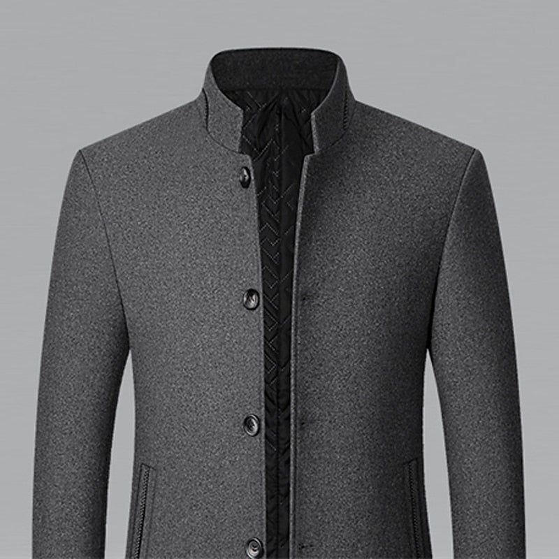 Men's gray winter overcoat with a stand-up collar and tailored fit