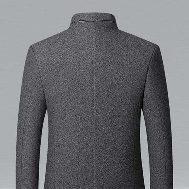 Men's gray winter overcoat with a stand-up collar and tailored fit