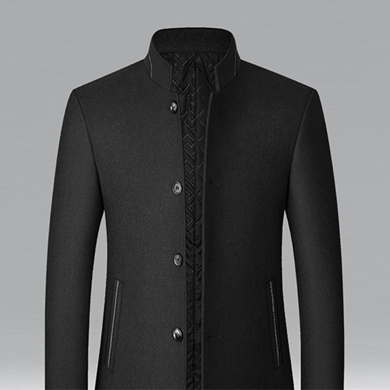 Men's gray winter overcoat with a stand-up collar and tailored fit