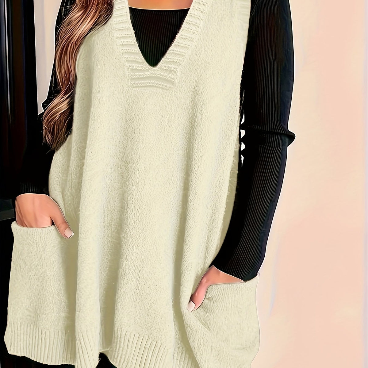 Women's white gray longline knit vest with a V-neckline and pockets