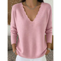 Women's pink scalloped V-neck pullover, relaxed fit
