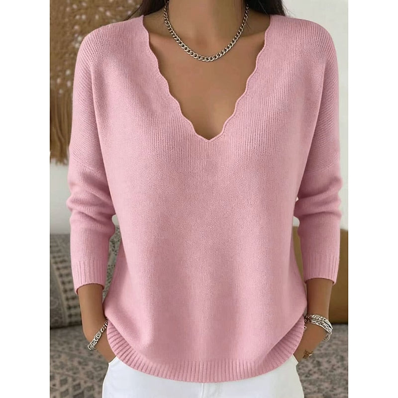 Women's pink scalloped V-neck pullover, relaxed fit