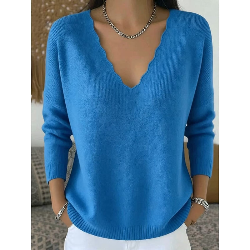 Women's royal blue scalloped V-neck pullover, relaxed fit