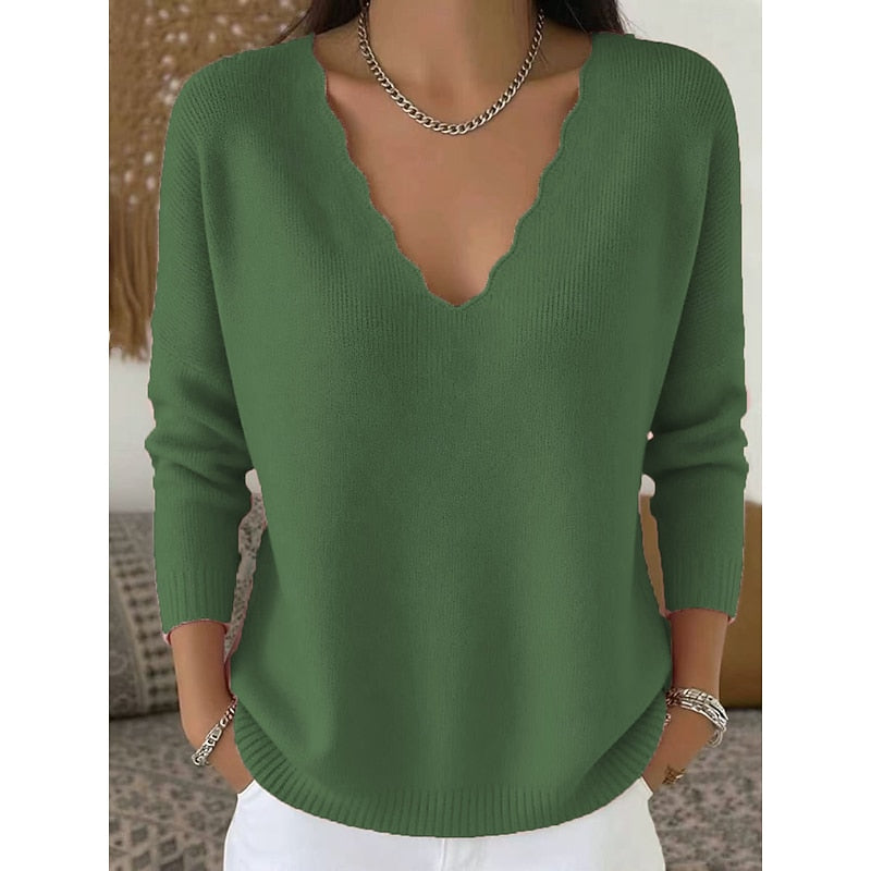 Women's military green scalloped V-neck pullover, relaxed fit