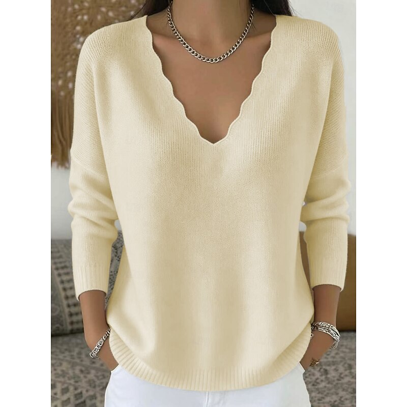 Women's apricot scalloped V-neck pullover, relaxed fit