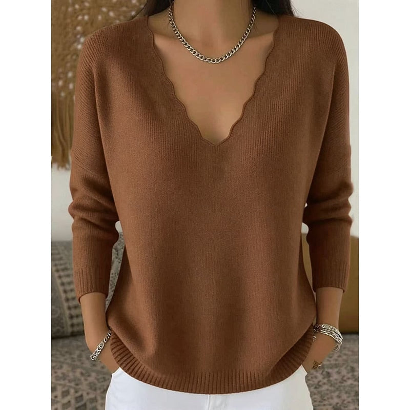 Women's dark brown scalloped V-neck pullover, relaxed fit