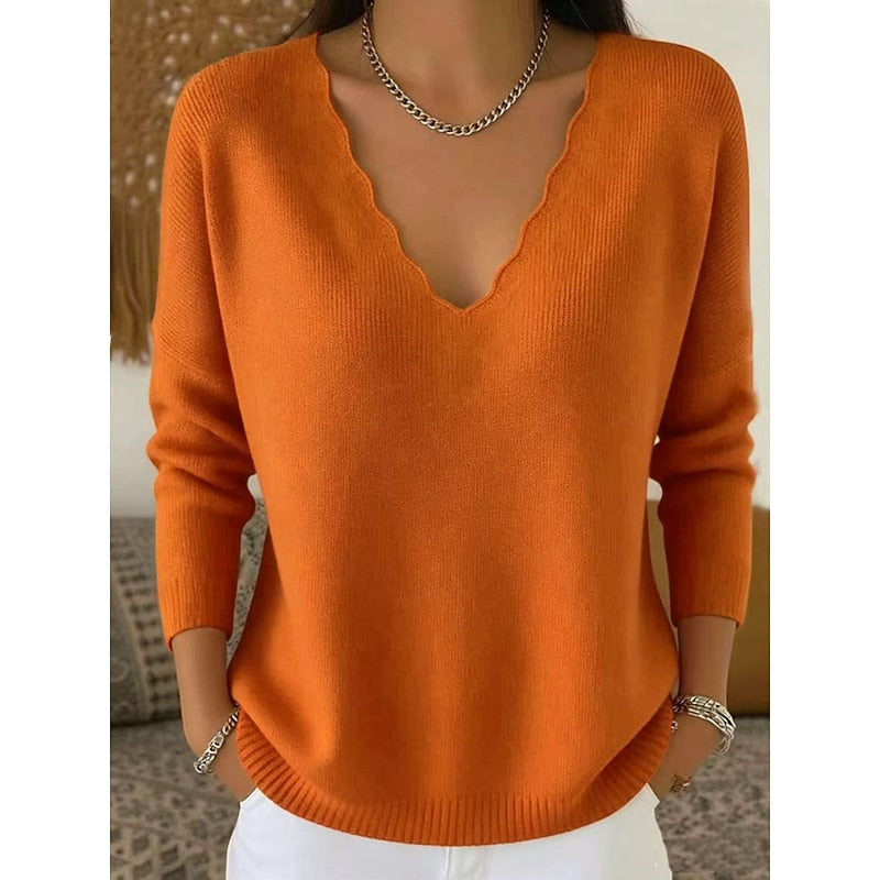 Women's coral scalloped V-neck pullover, relaxed fit