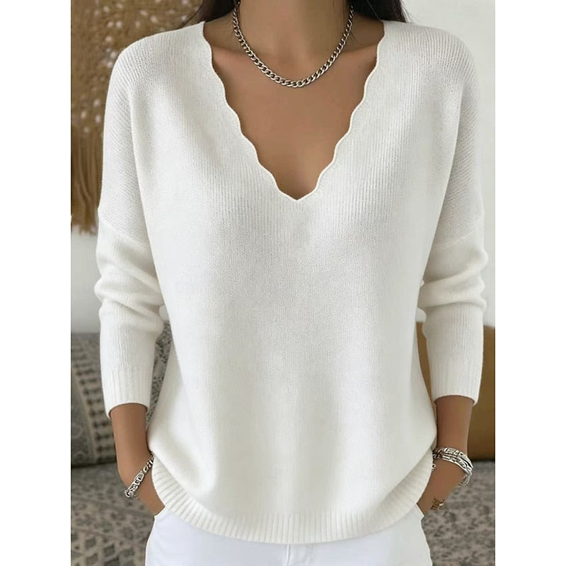 Women's coral scalloped V-neck pullover, relaxed fit