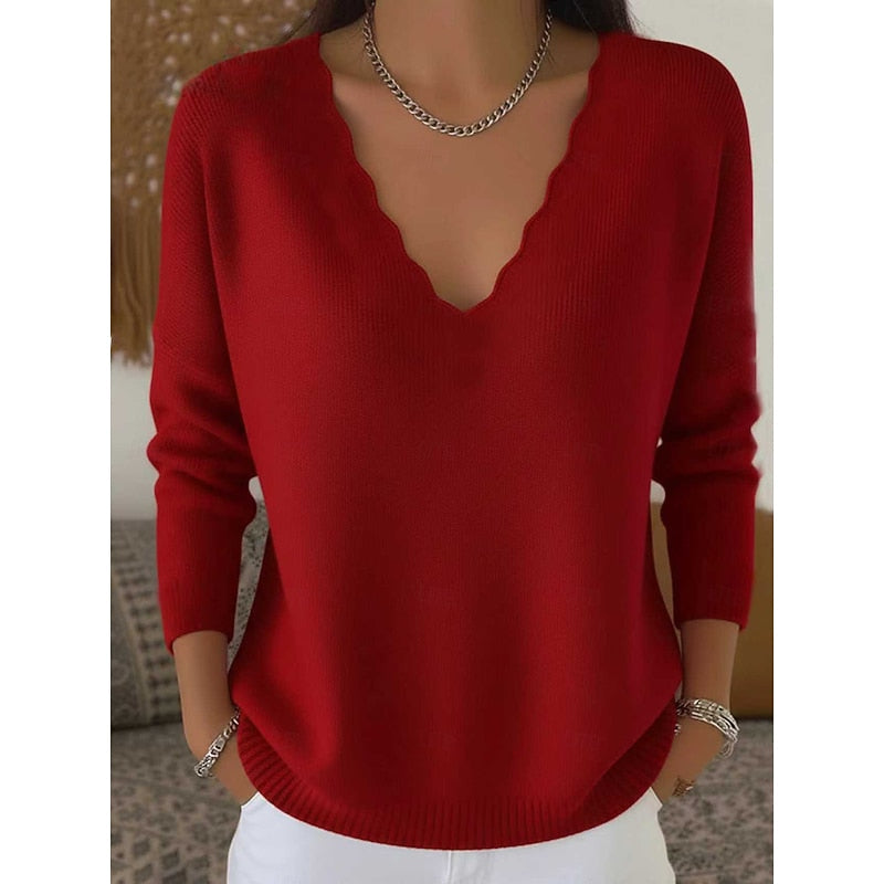 Women's coral scalloped V-neck pullover, relaxed fit