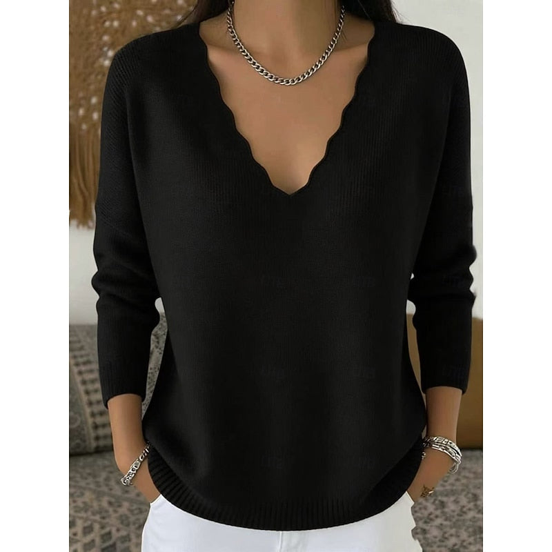Women's coral scalloped V-neck pullover, relaxed fit