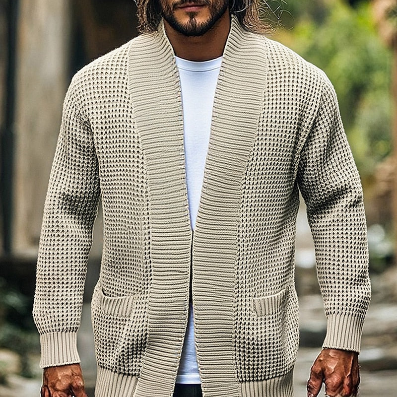 Men's beige textured open-front cardigan with ribbed cuffs