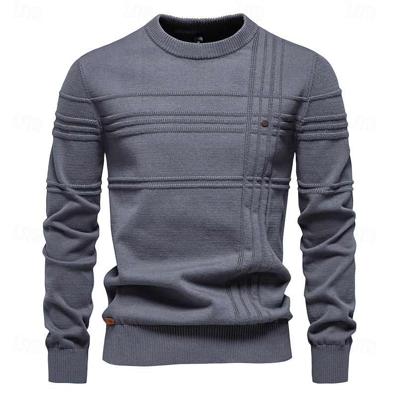 Men's dark grey textured crewneck sweater, tailored fit