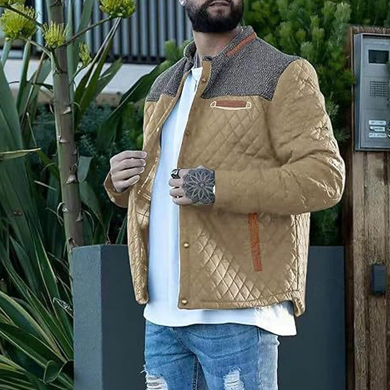 Men's quilted stand-collar jacket with button front and pockets