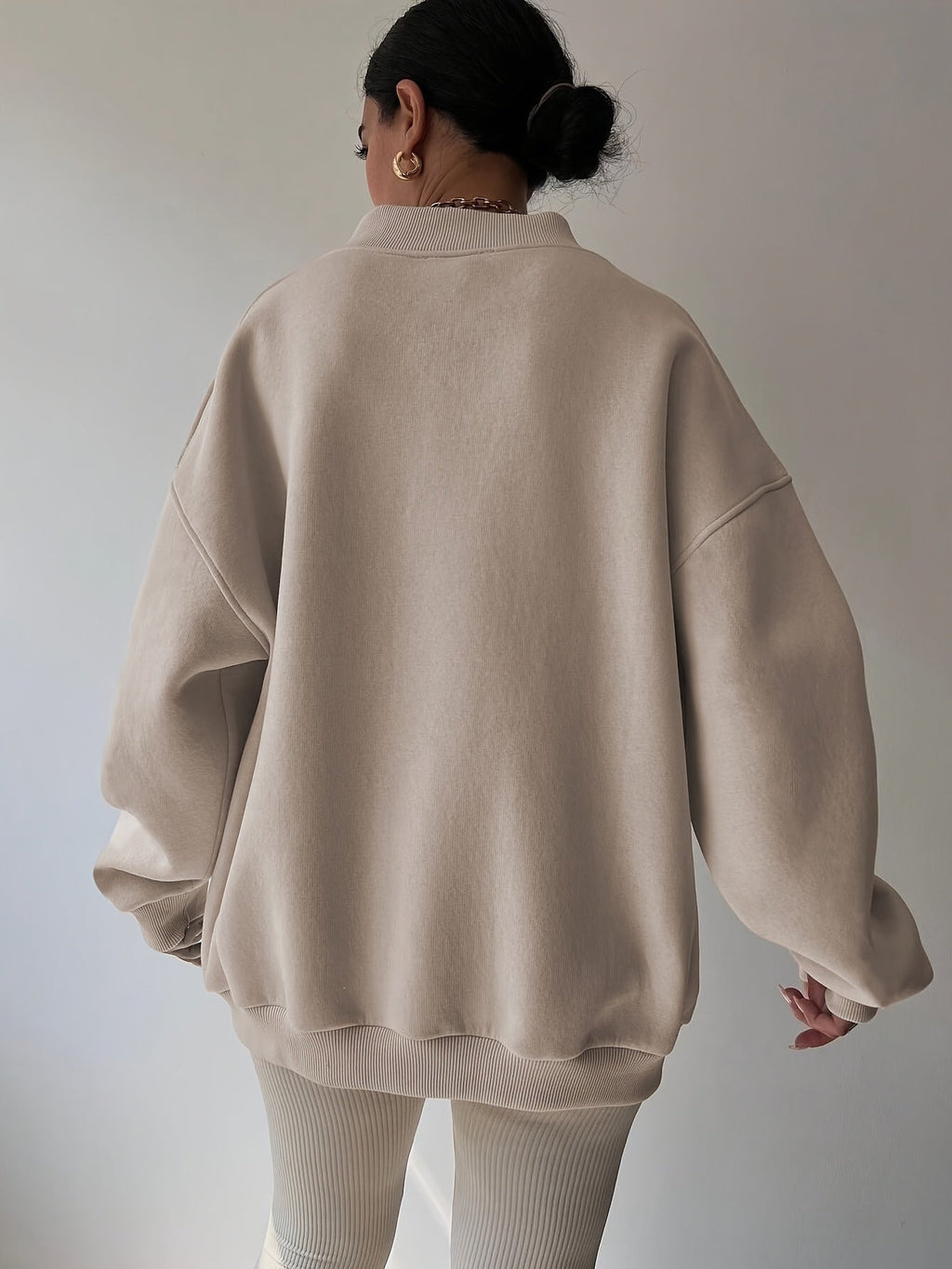 Women's khaki relaxed half-zip sweatshirt with stand collar