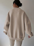 Women's khaki relaxed half-zip sweatshirt with stand collar