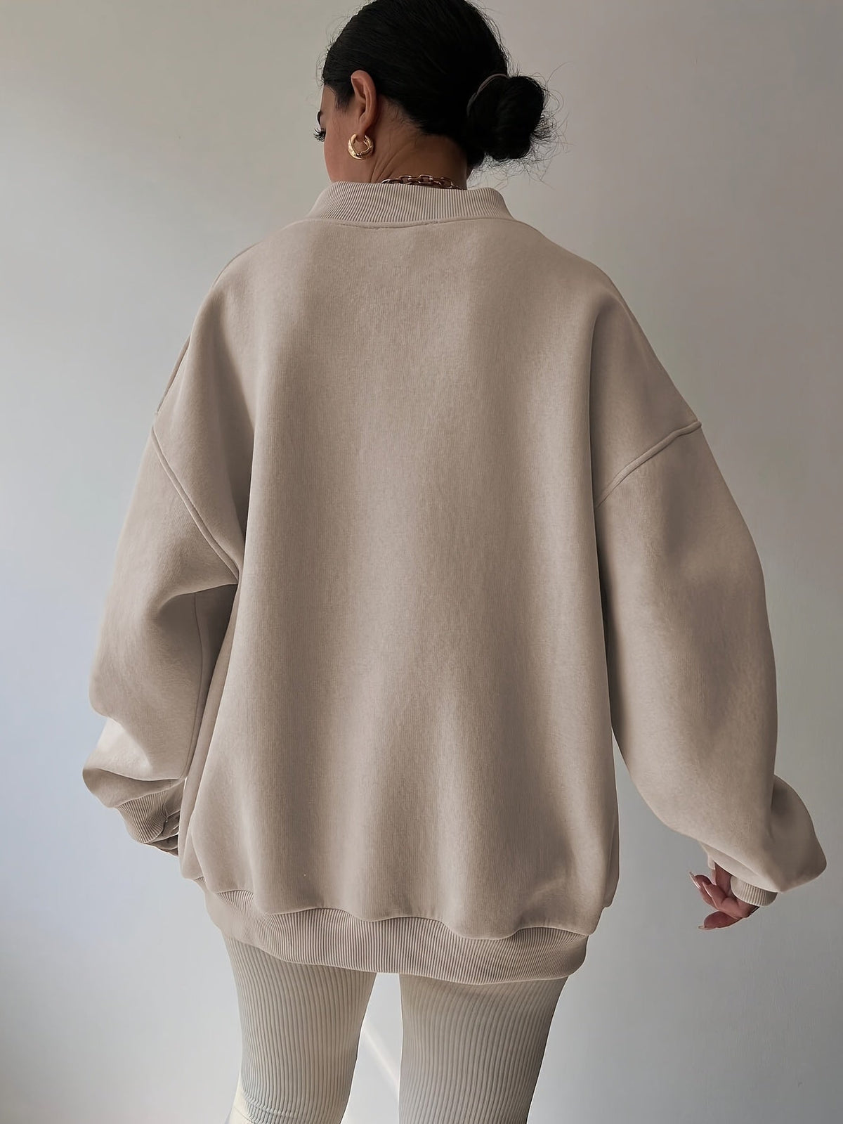 Women's khaki relaxed half-zip sweatshirt with stand collar