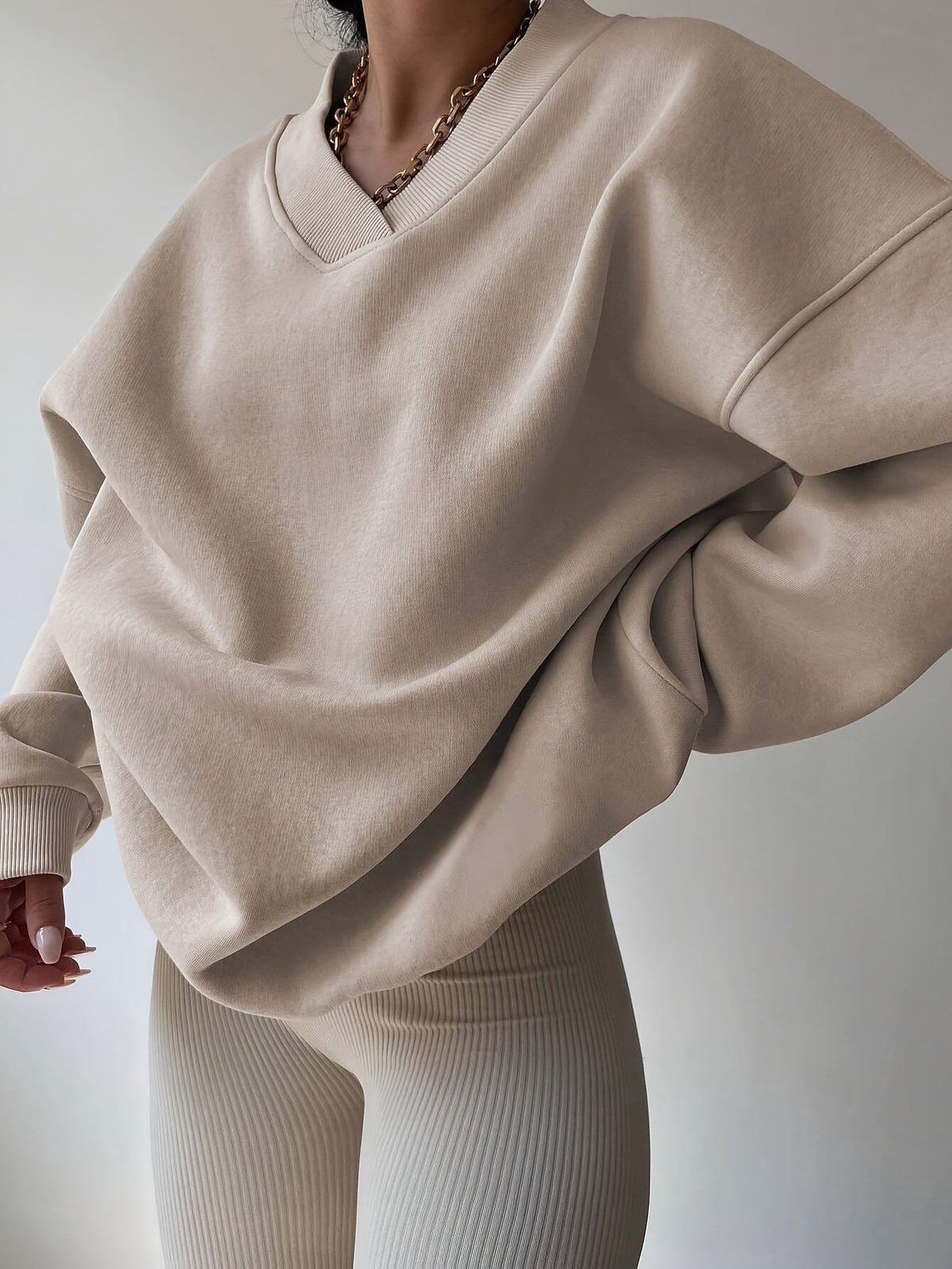 Women's khaki relaxed half-zip sweatshirt with stand collar