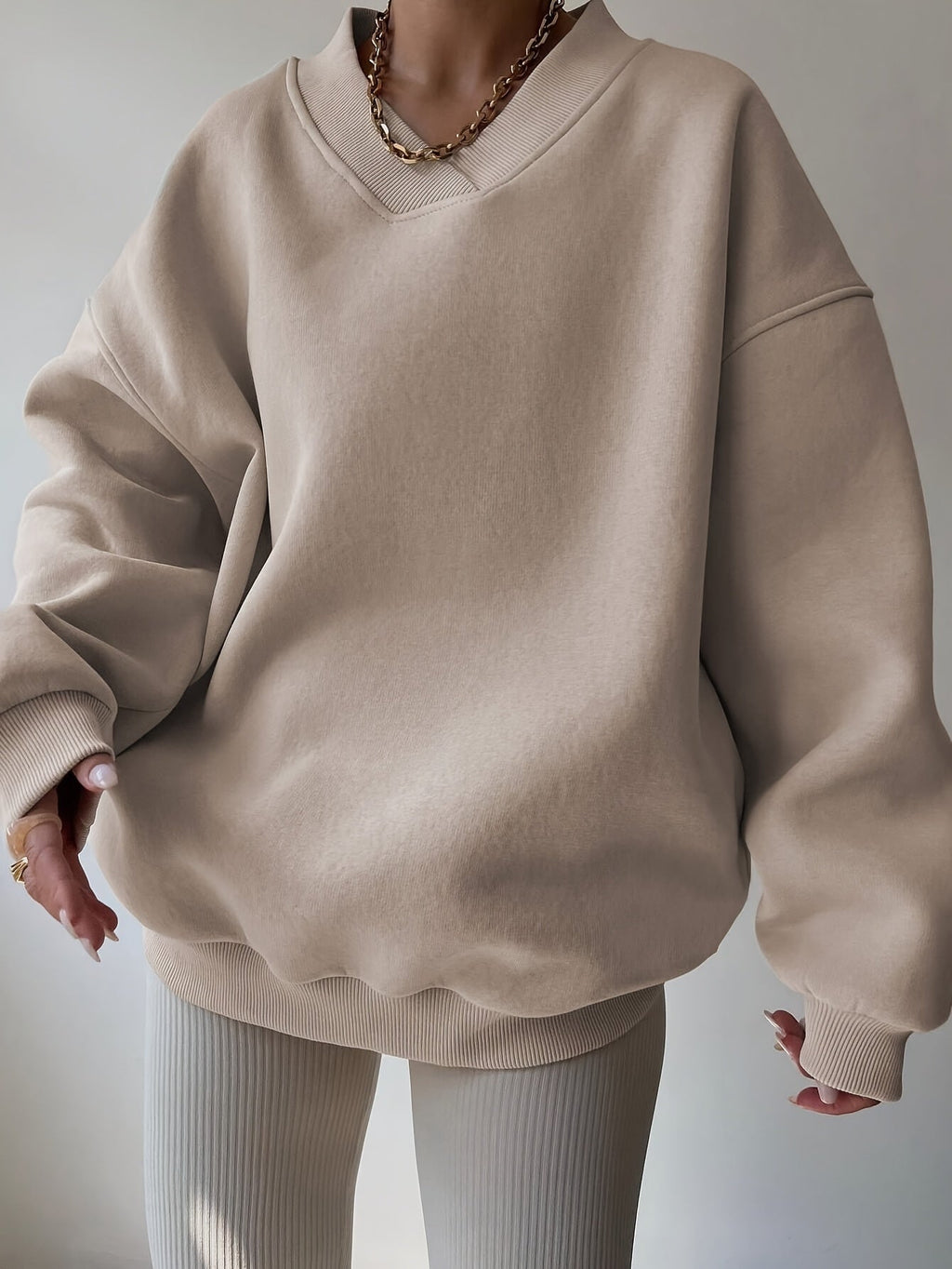 Women's khaki relaxed half-zip sweatshirt with stand collar