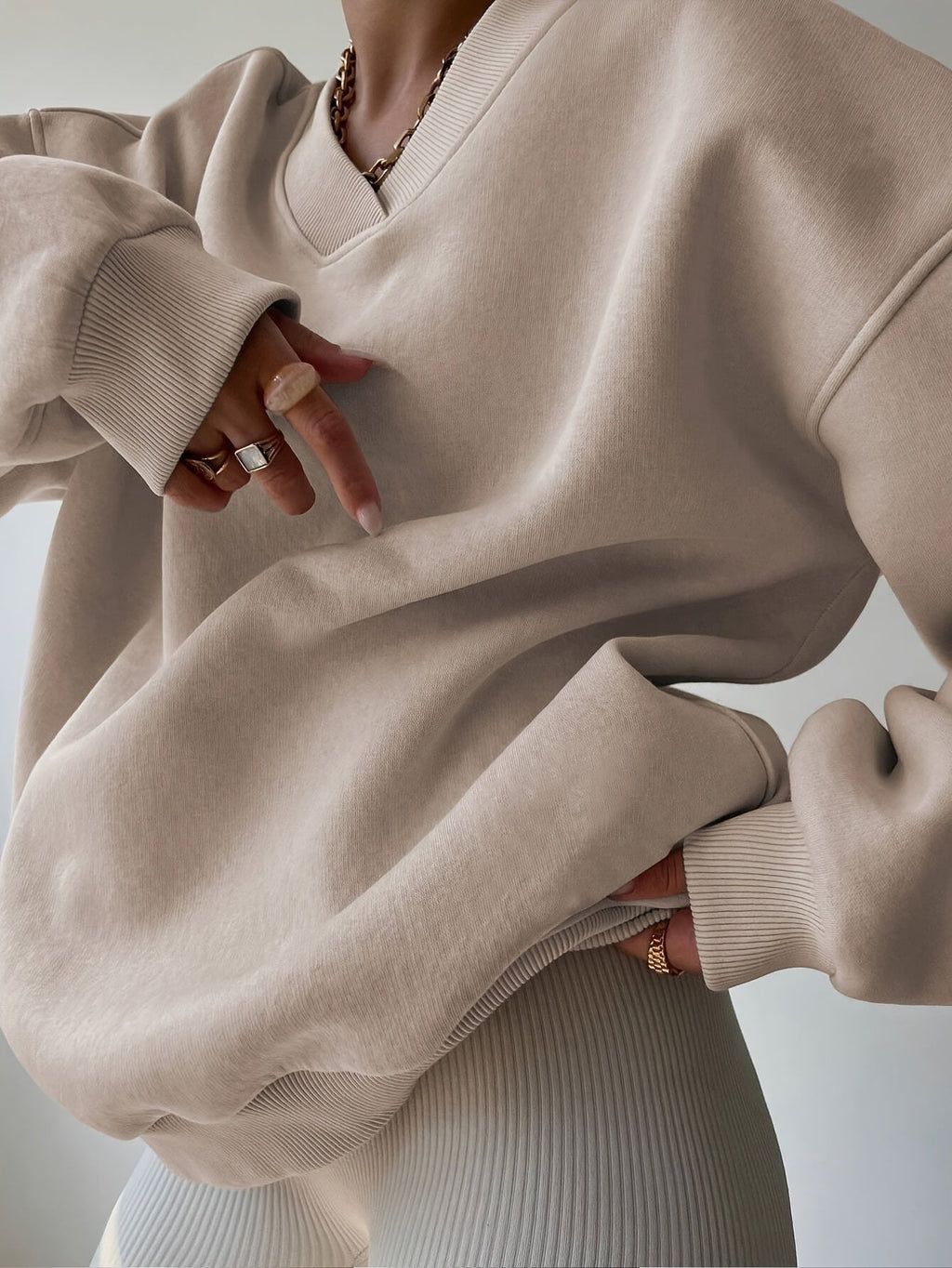 Women's khaki relaxed half-zip sweatshirt with stand collar