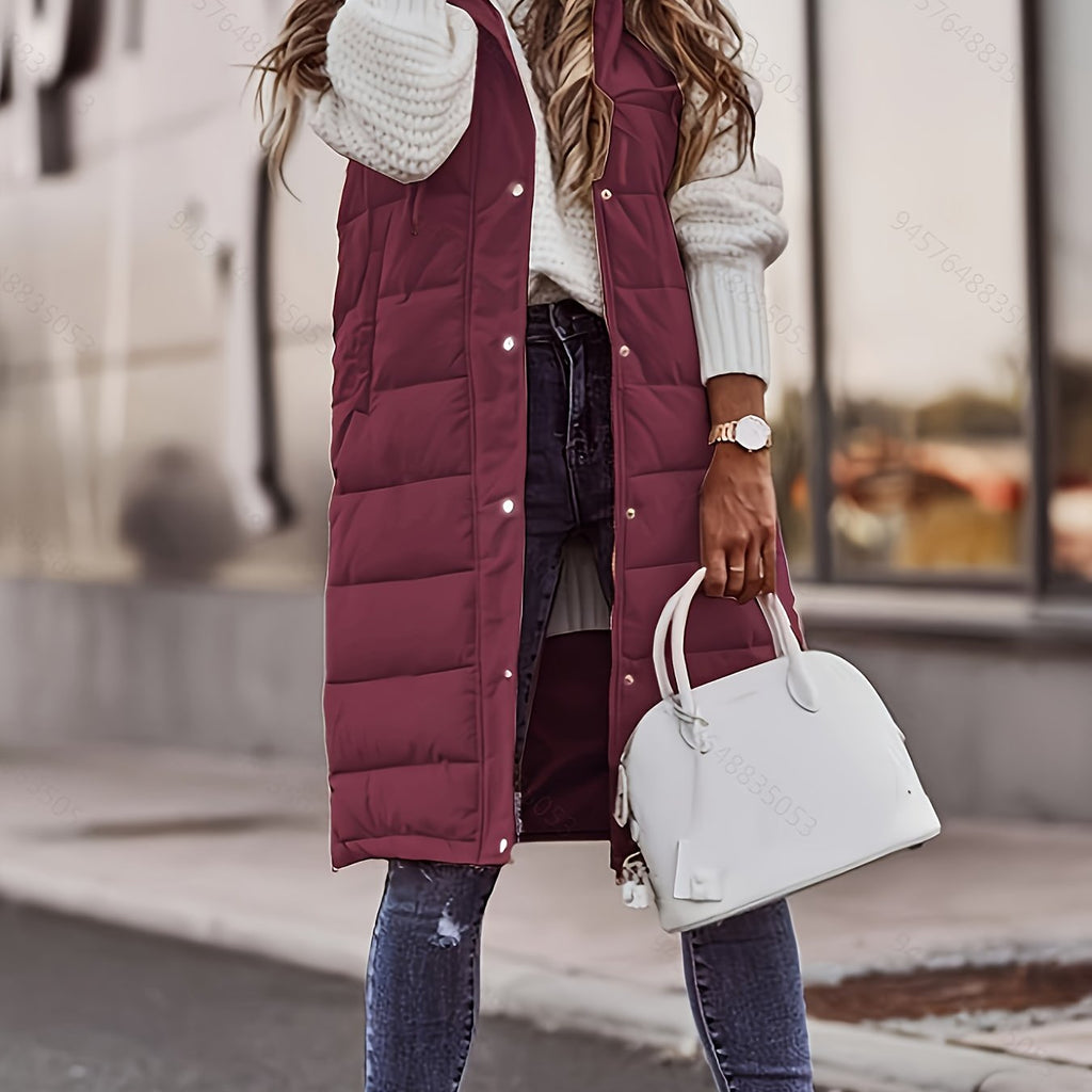 Women's burgundy longline hooded quilted puffer vest with pockets