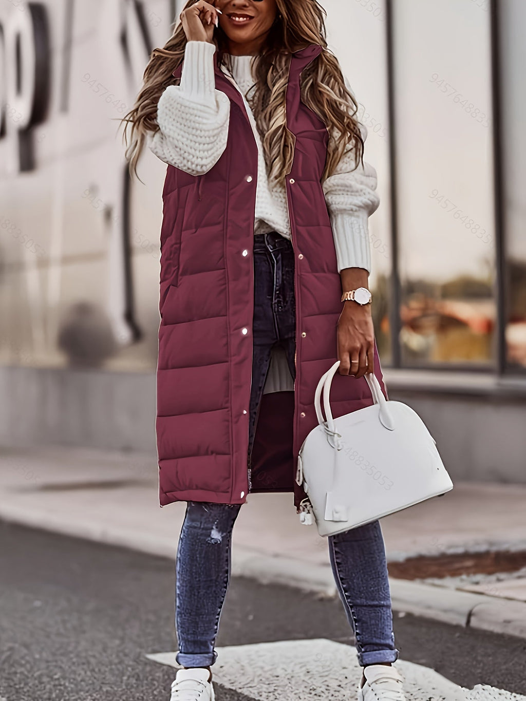 Women's burgundy longline hooded quilted puffer vest with pockets