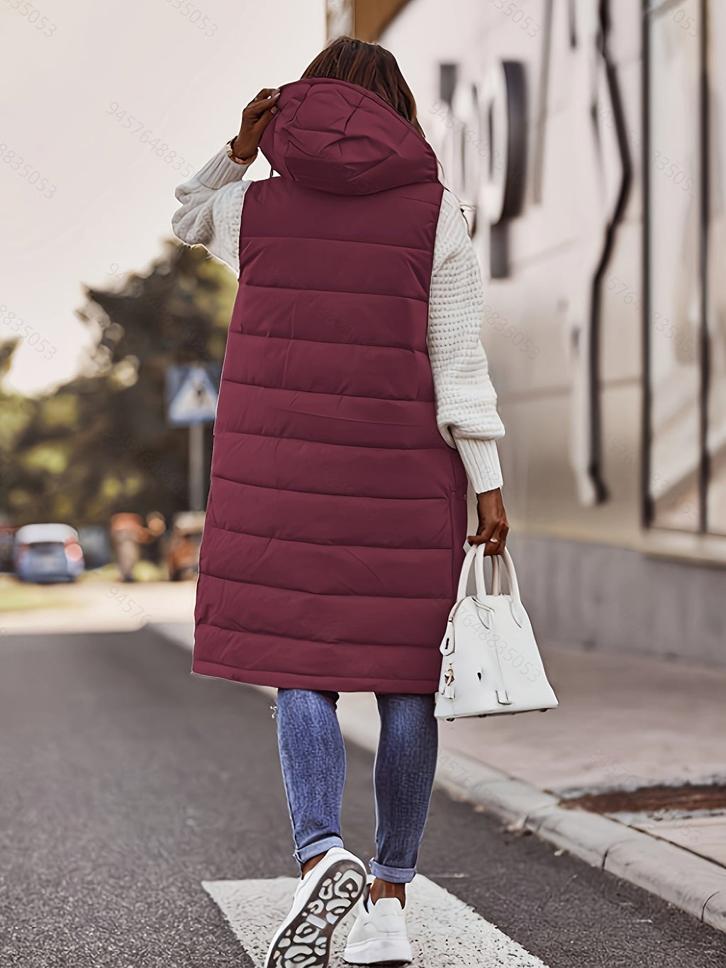 Women's burgundy longline hooded quilted puffer vest with pockets