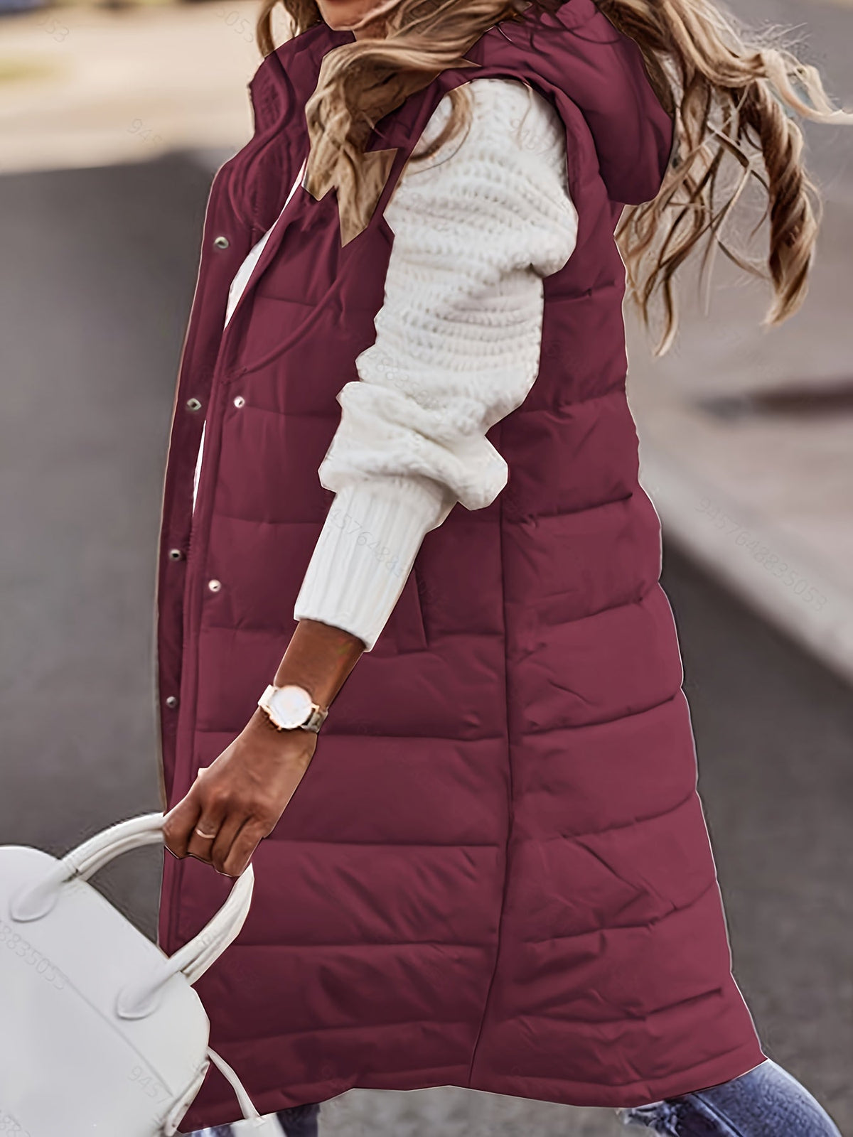 Women's burgundy longline hooded quilted puffer vest with pockets