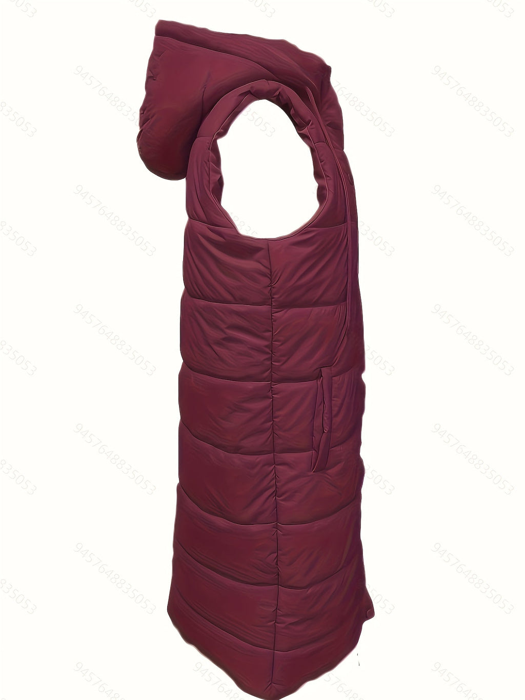 Women's burgundy longline hooded quilted puffer vest with pockets