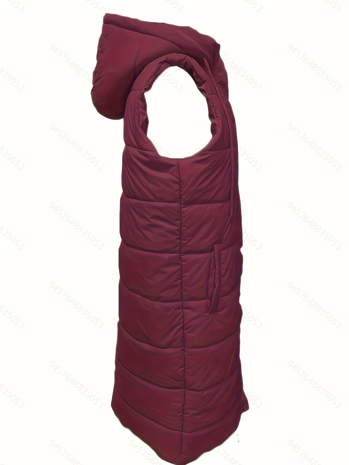 Women's burgundy longline hooded quilted puffer vest with pockets