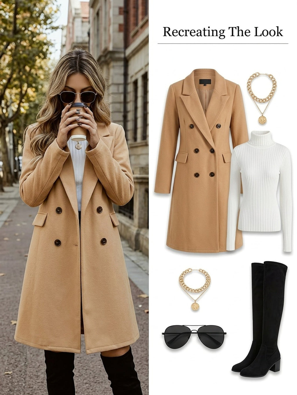 Women's ginger double-breasted mid-length coat with a tailored, flattering fit