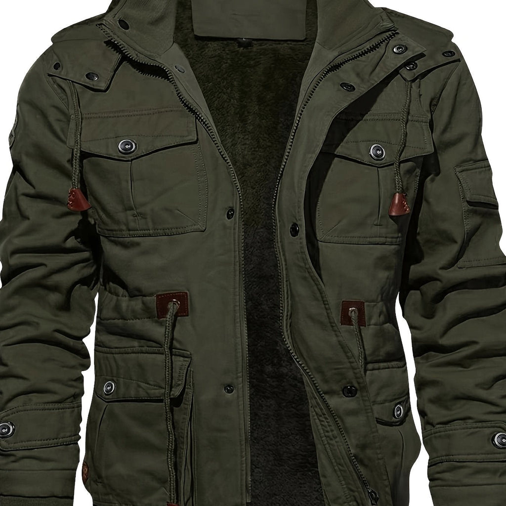 Men's rugged mid-length hooded winter jacket with a plush lining
