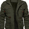 Men's rugged mid-length hooded winter jacket with a plush lining
