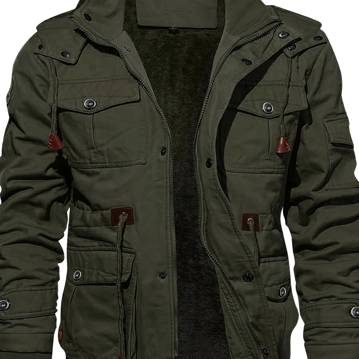 Men's rugged mid-length hooded winter jacket with a plush lining