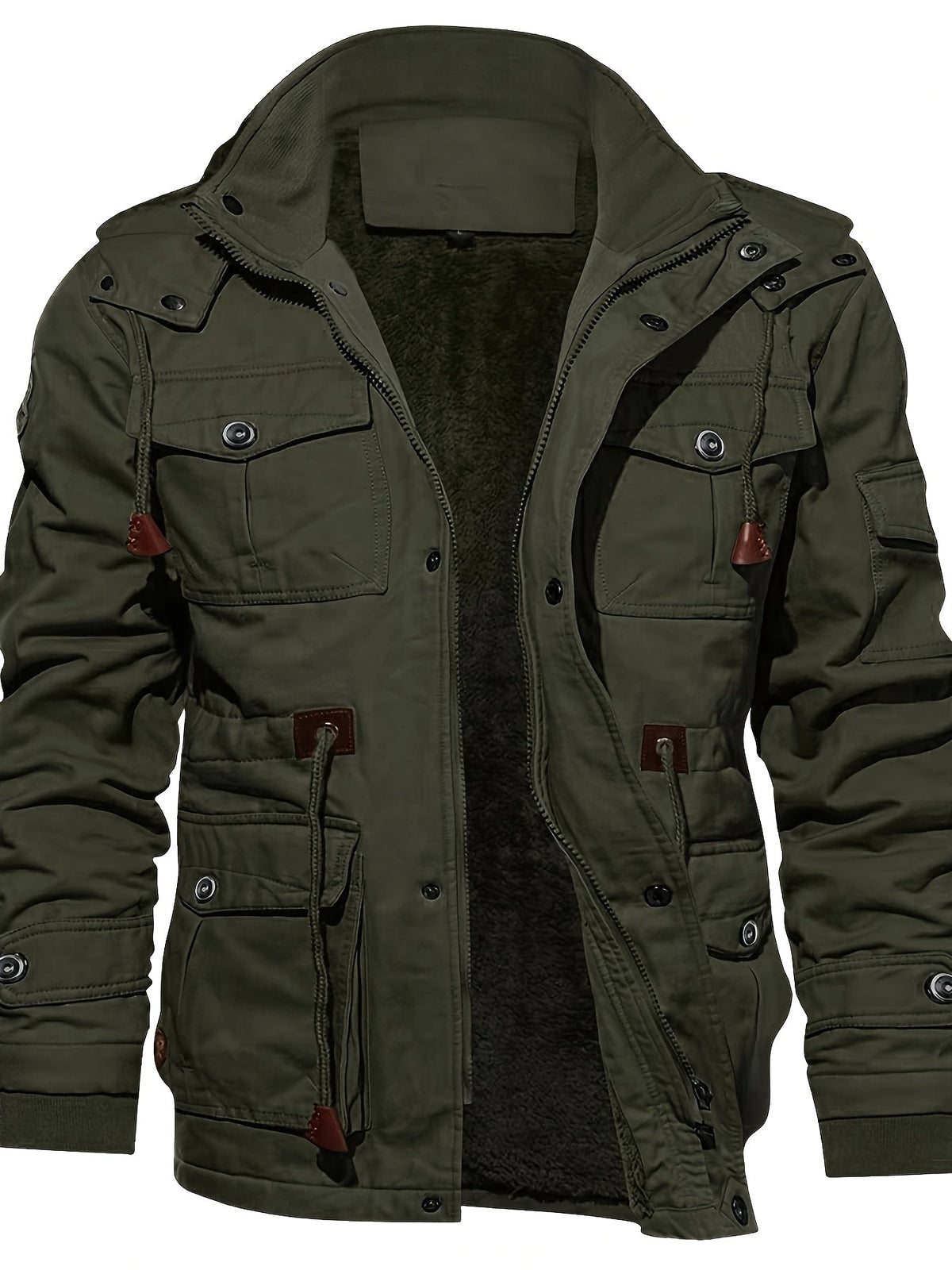 Men's rugged mid-length hooded winter jacket with a plush lining