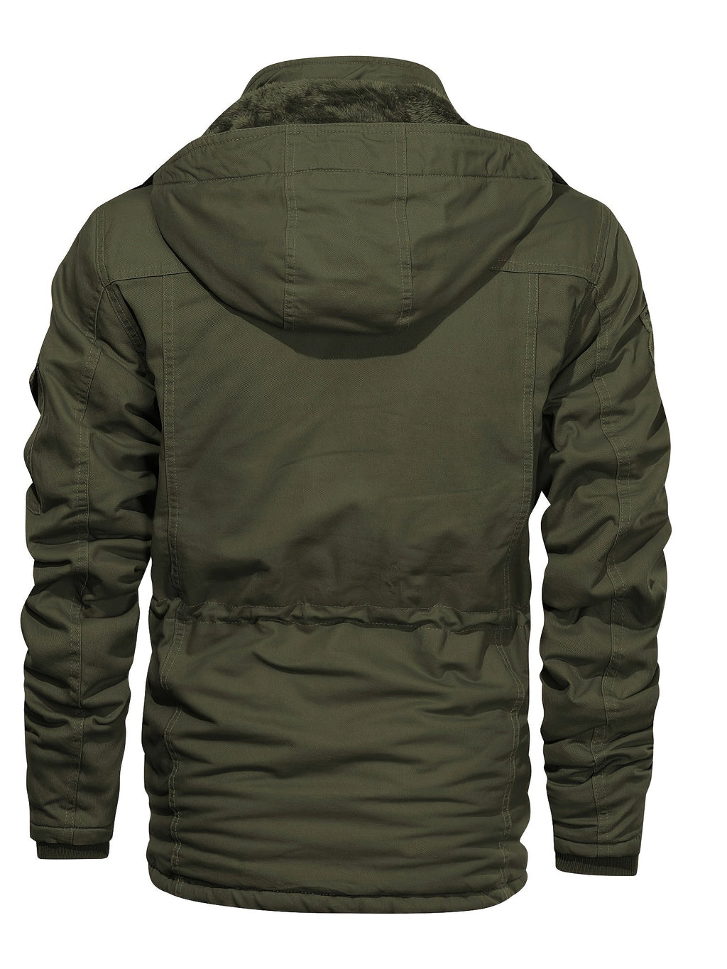 Men's rugged mid-length hooded winter jacket with a plush lining