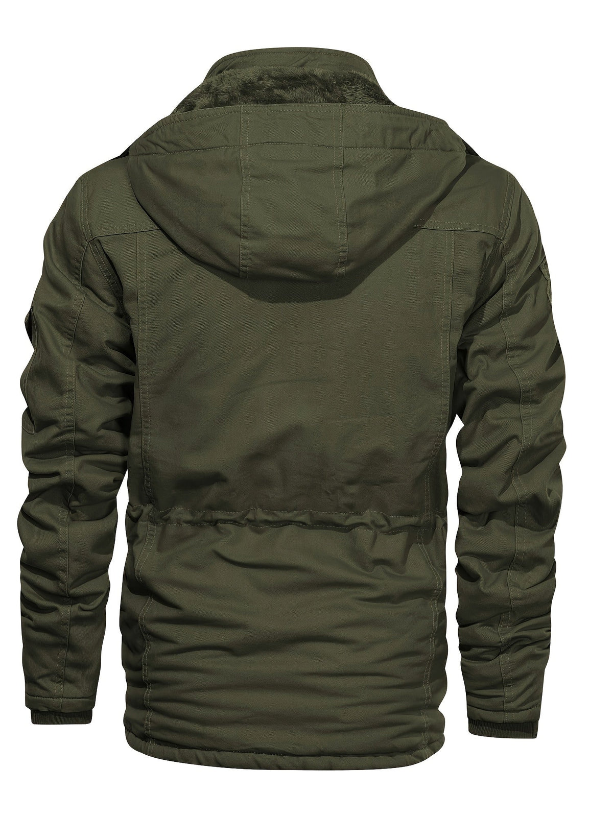 Men's rugged mid-length hooded winter jacket with a plush lining