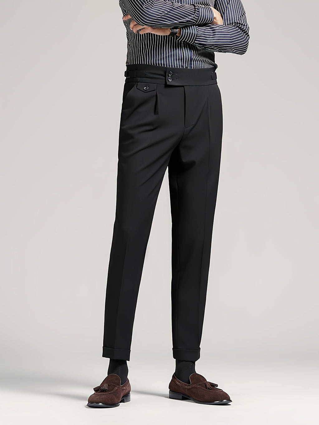 Men's black single-pleat tailored trousers with a high-rise waist