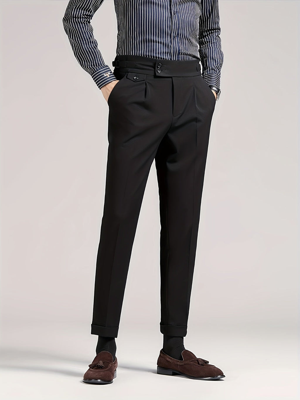Men's black single-pleat tailored trousers with a high-rise waist