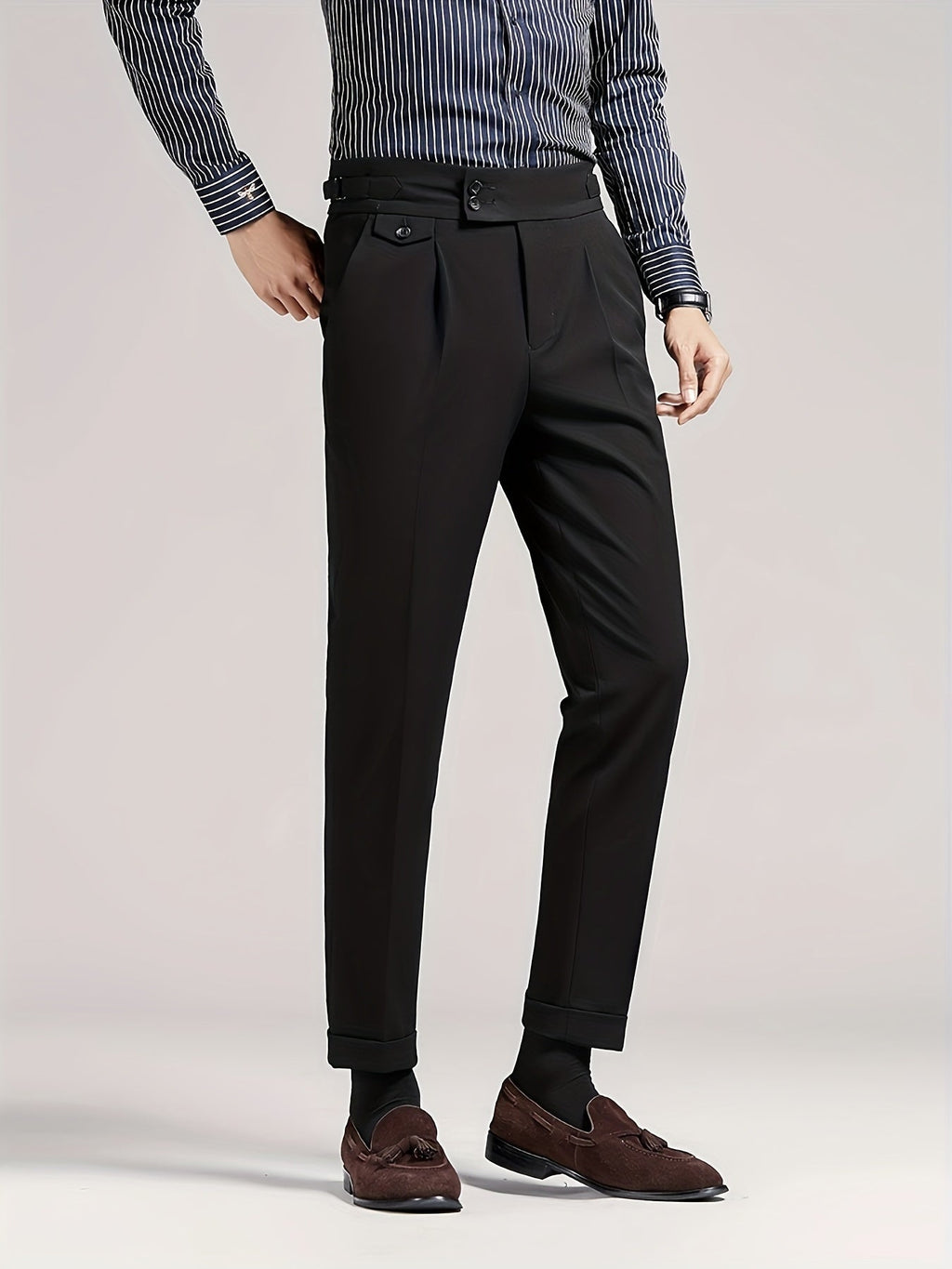 Men's black single-pleat tailored trousers with a high-rise waist
