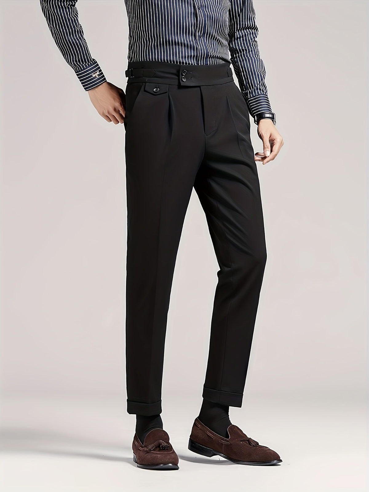 Men's black single-pleat tailored trousers with a high-rise waist