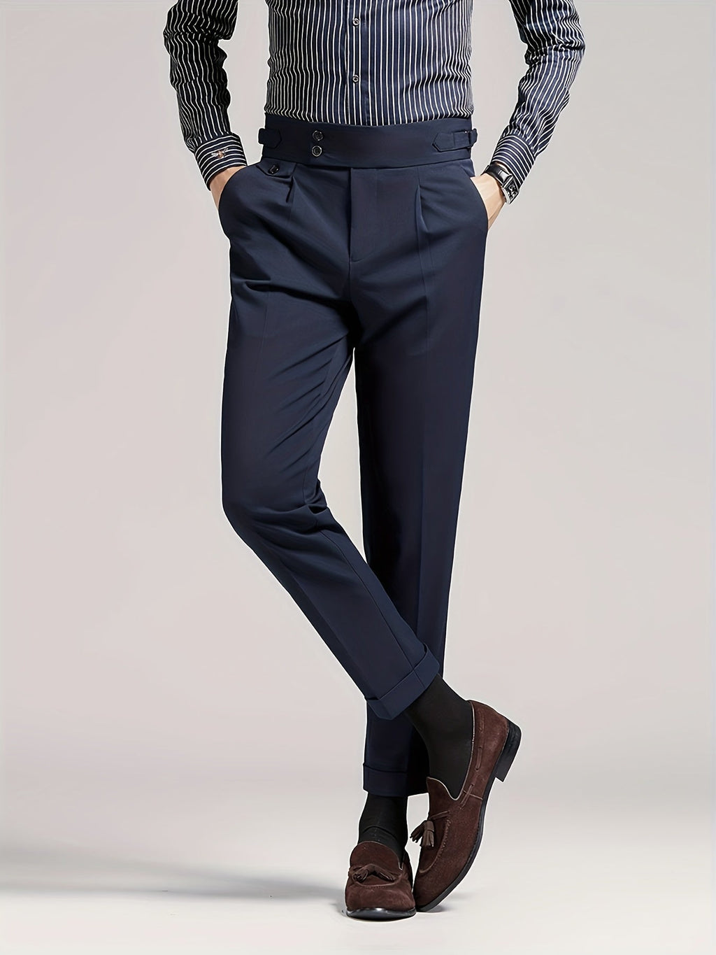 Men's navy single-pleat tailored trousers with a high-rise waist