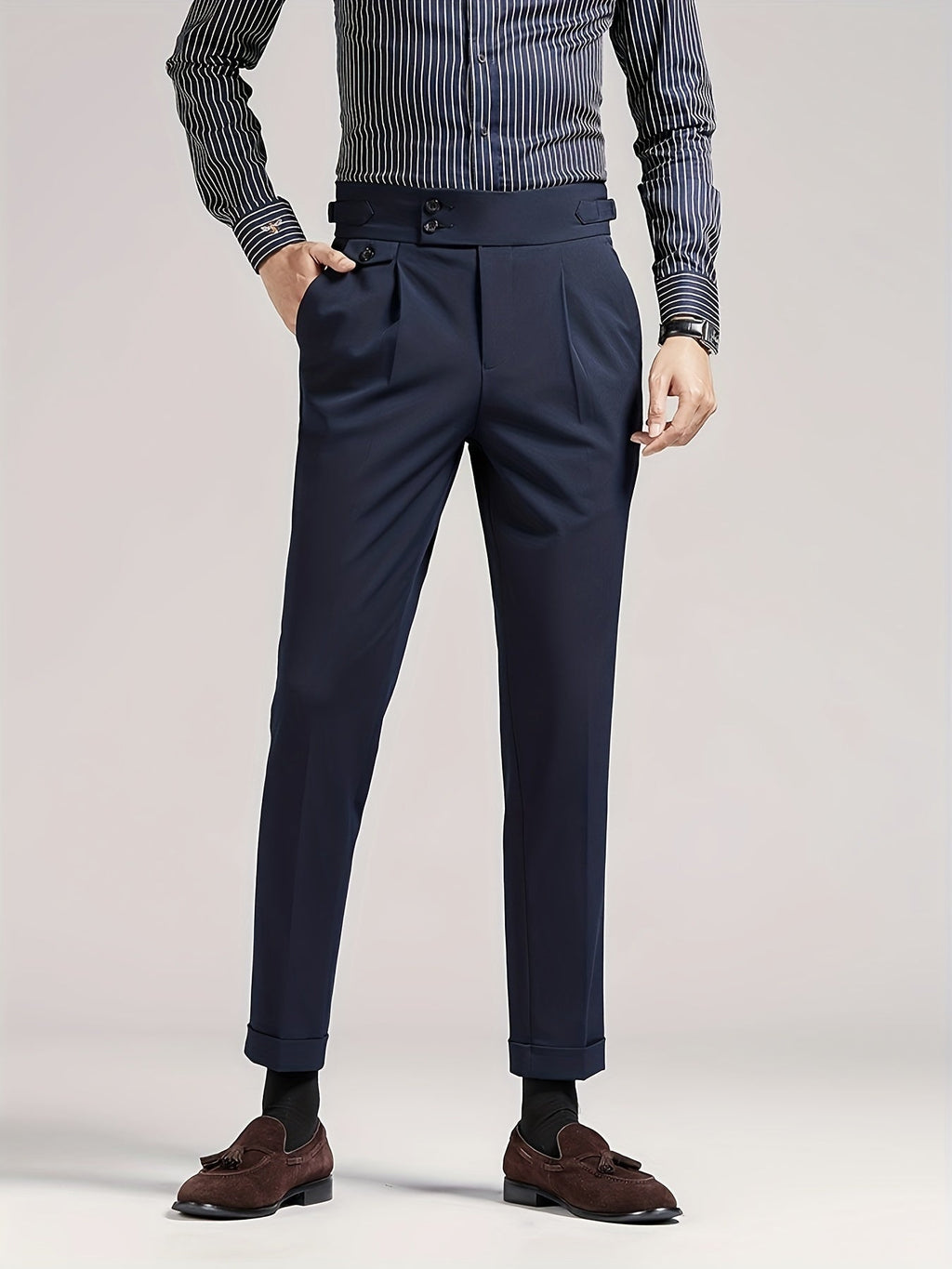 Men's navy single-pleat tailored trousers with a high-rise waist