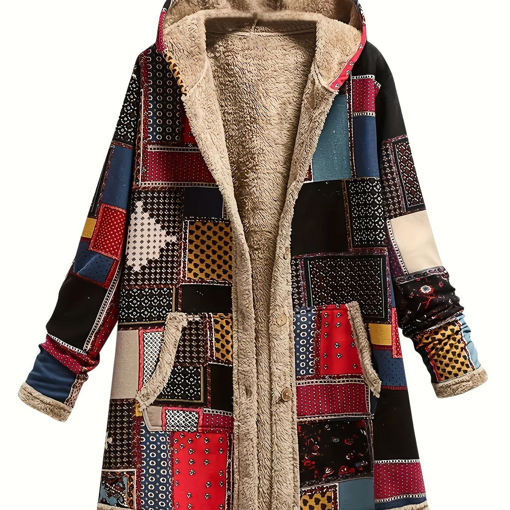 Women's multicolor patchwork print hooded jacket with front pockets
