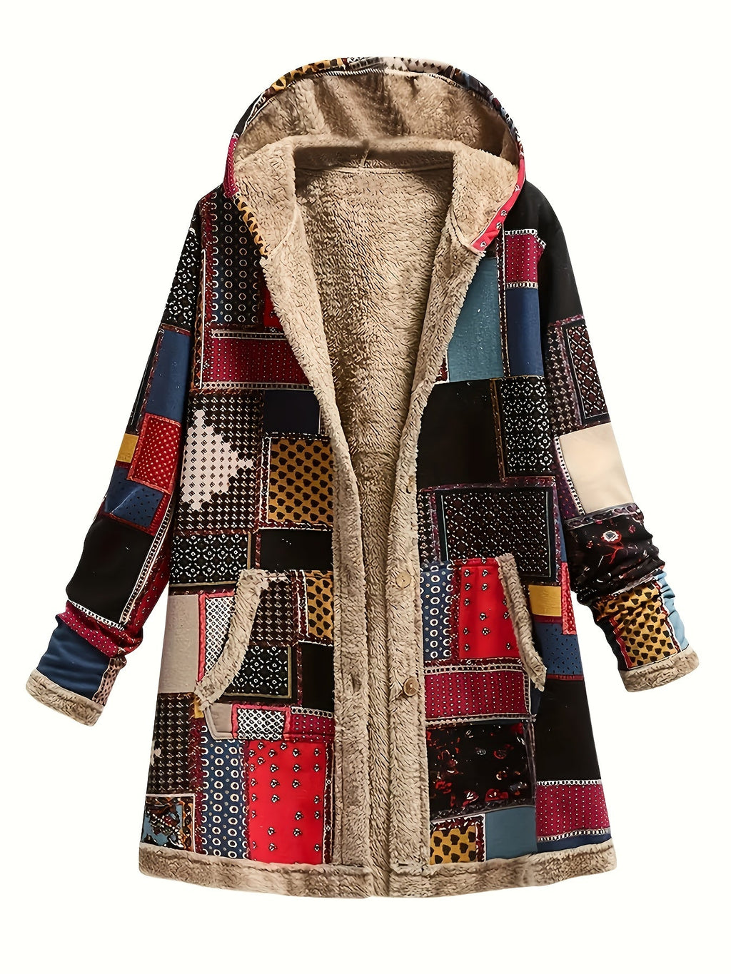 Women's multicolor patchwork print hooded jacket with front pockets