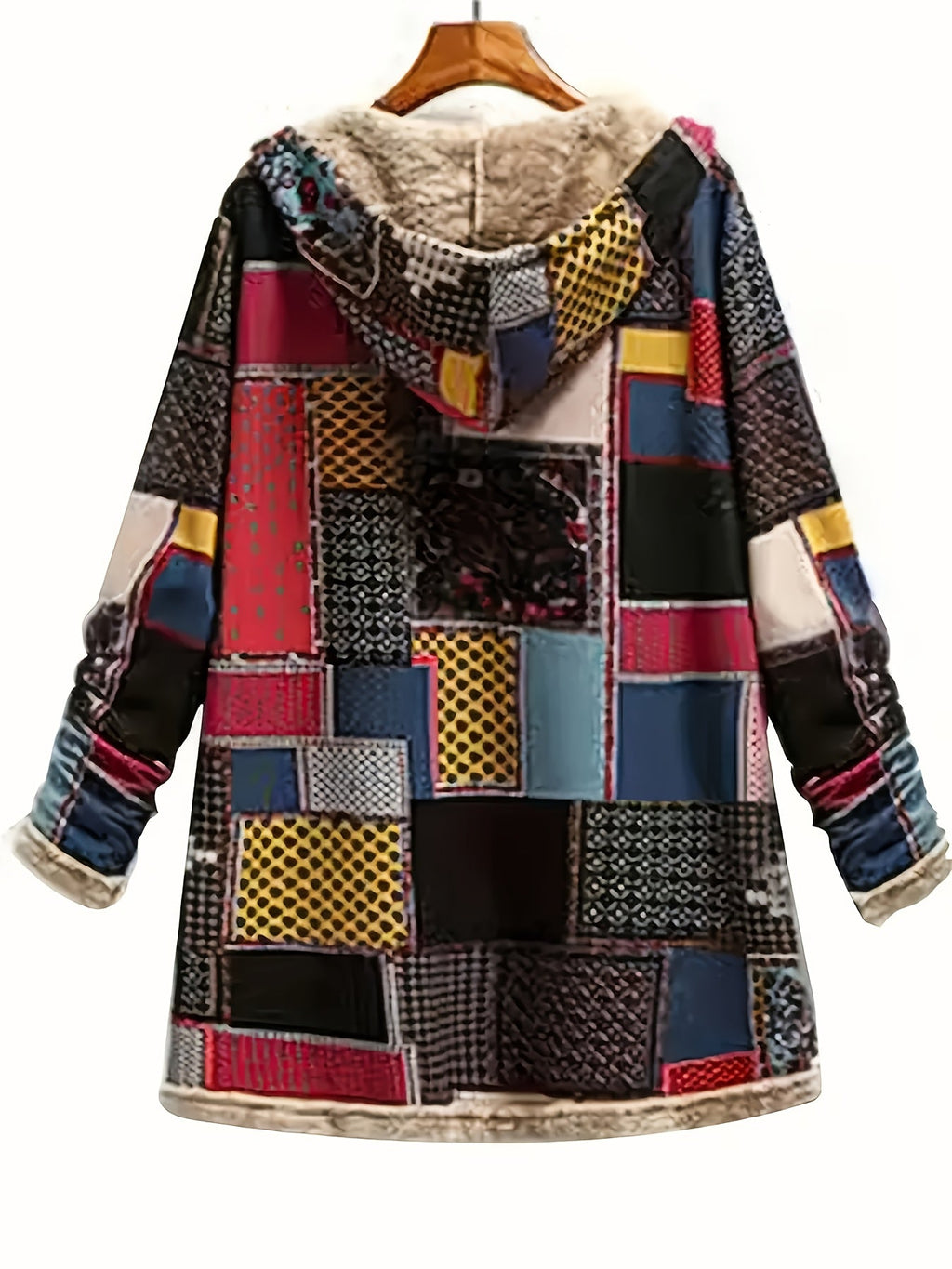 Women's multicolor patchwork print hooded jacket with front pockets