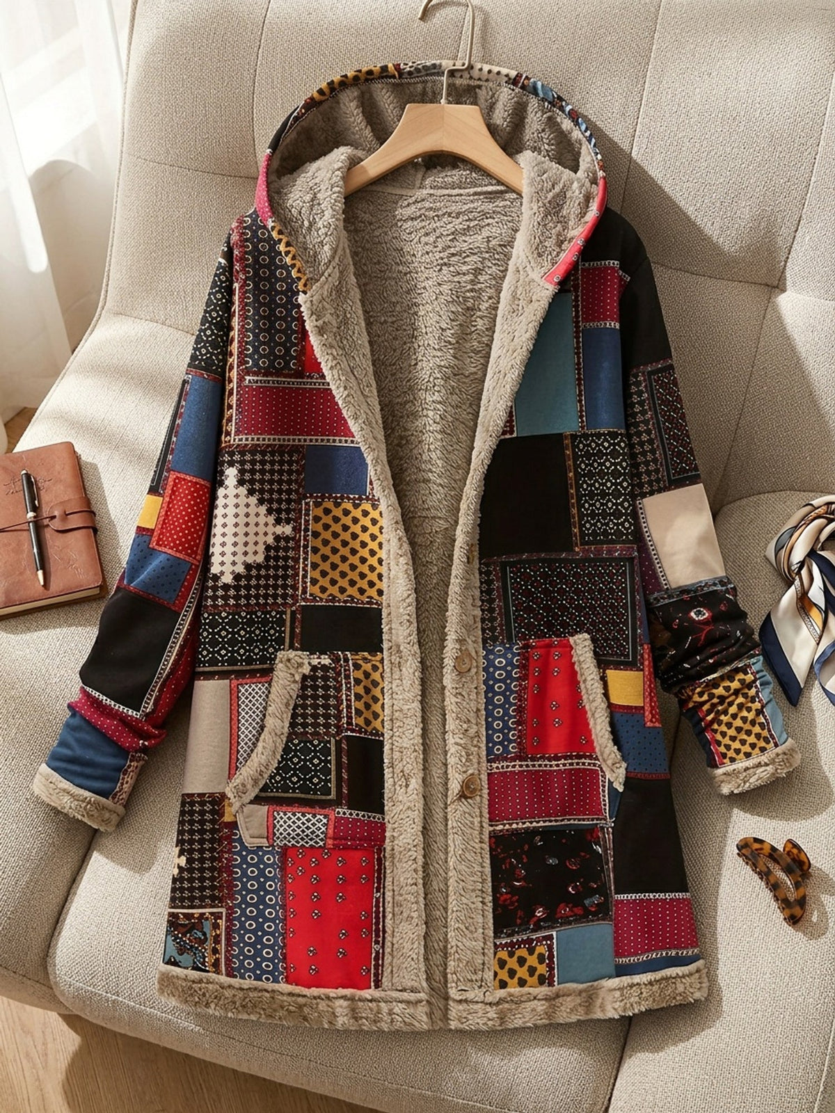Women's multicolor patchwork print hooded jacket with front pockets