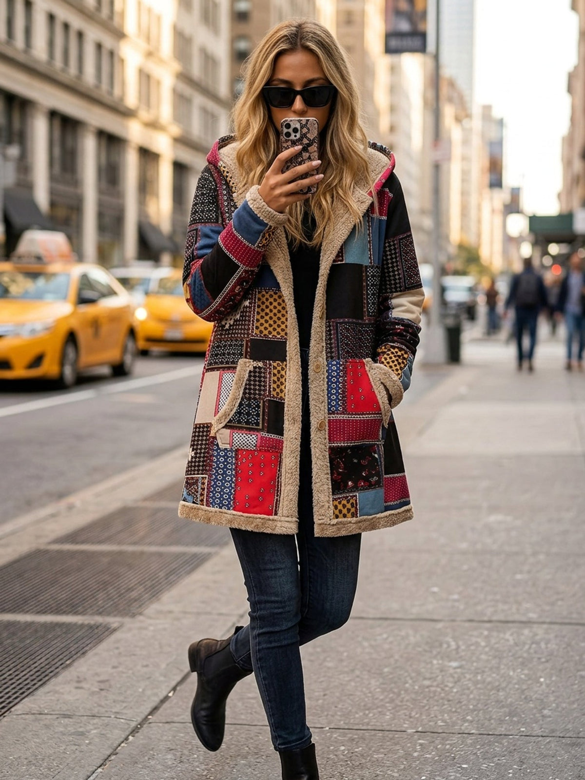 Women's multicolor patchwork print hooded jacket with front pockets