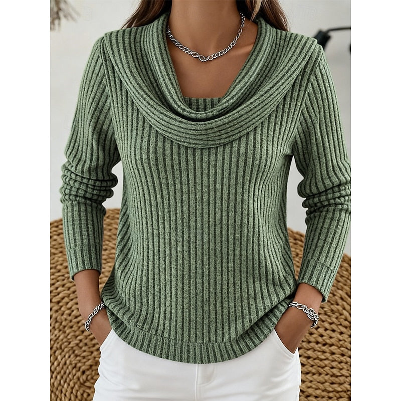 Women's green cowl-neck ribbed knit top with soft stretch fabric