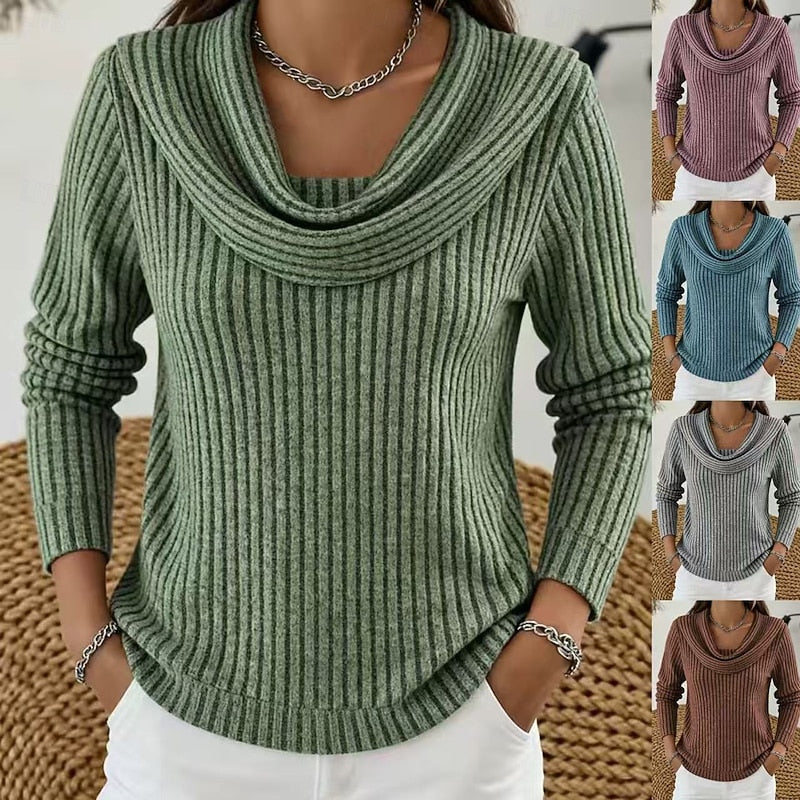 Women's green cowl-neck ribbed knit top with soft stretch fabric