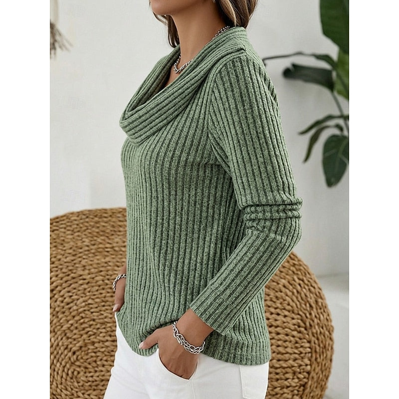 Women's green cowl-neck ribbed knit top with soft stretch fabric